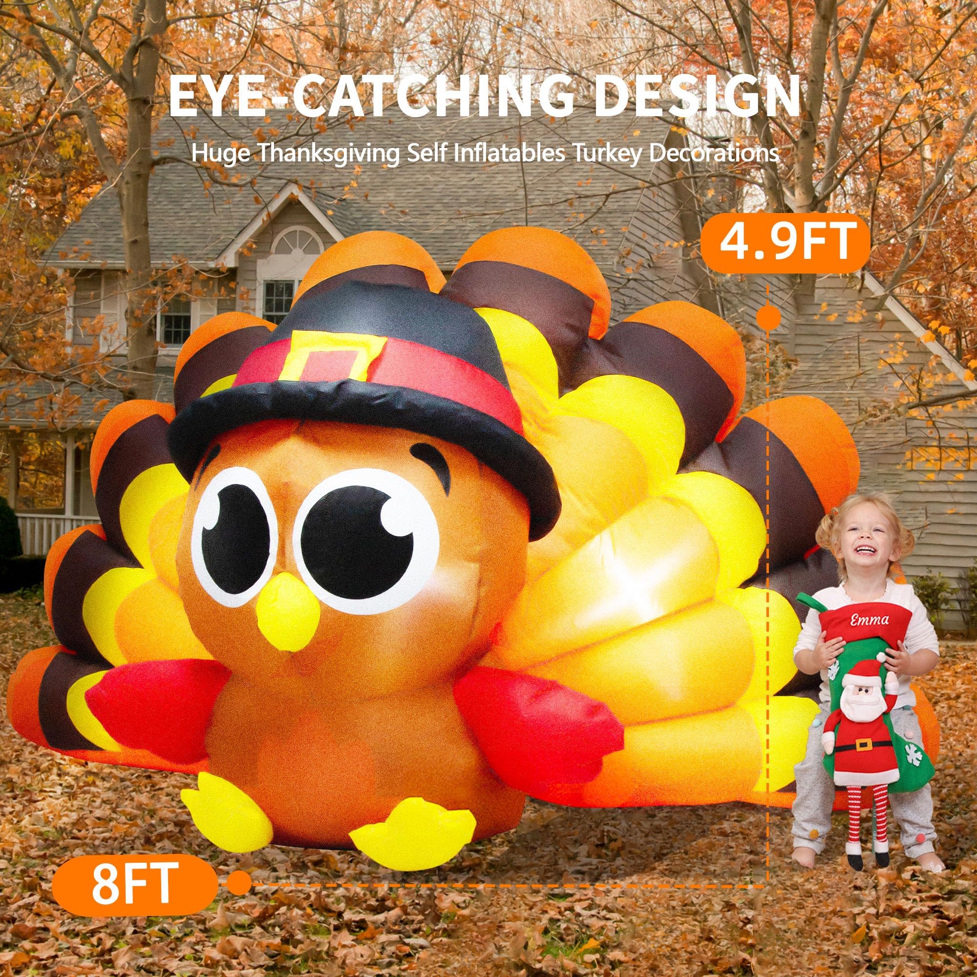 8 FT Thanksgiving Inflatables Turkey Baby with Big Tail & Pilgrim Hat