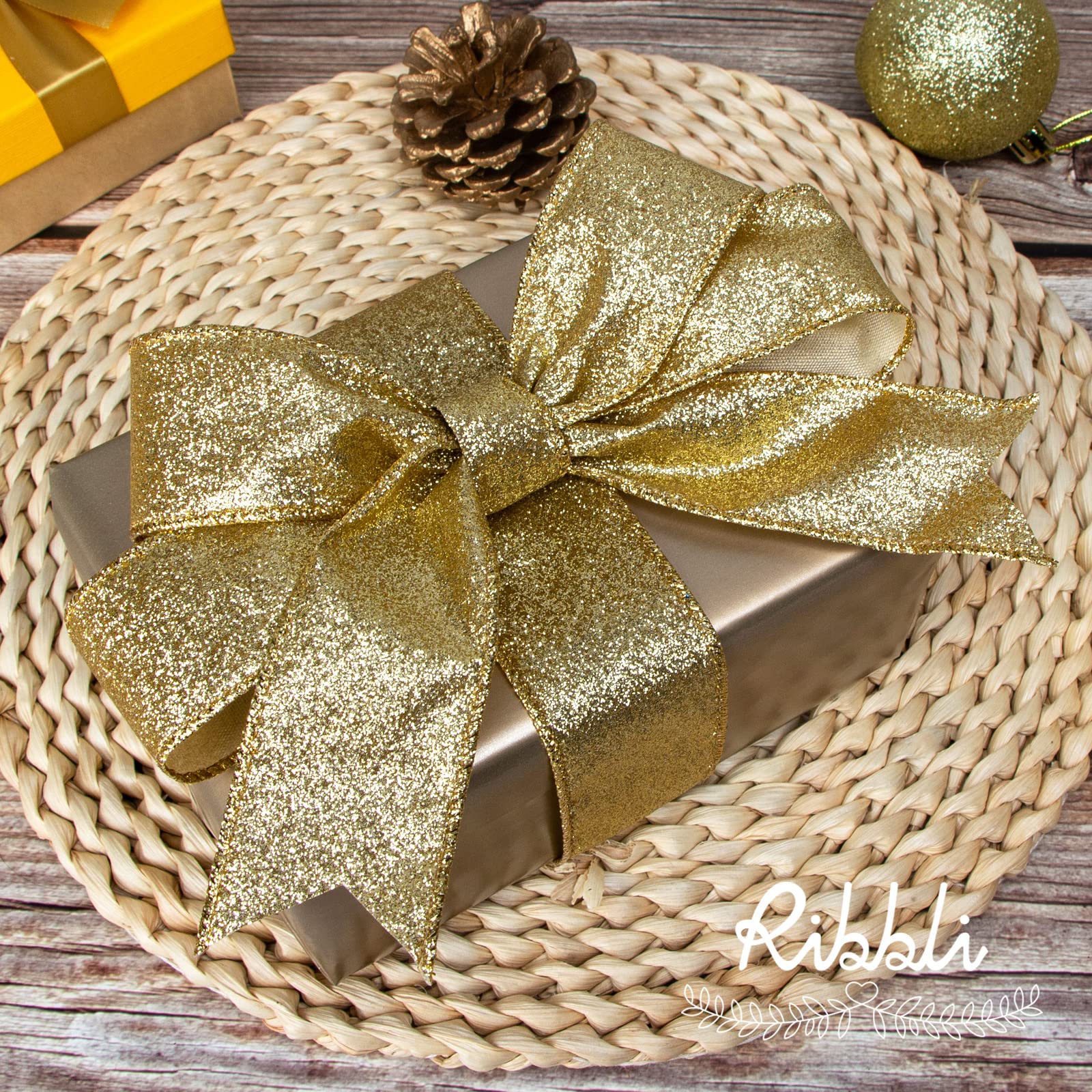 Gold glitter wire ribbon for Christmas and holiday decoration