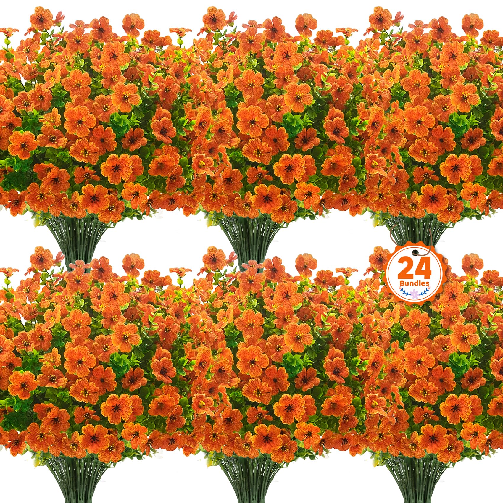 24 Bundles Artificial Mums Flowers for Outdoors, Green-Orange