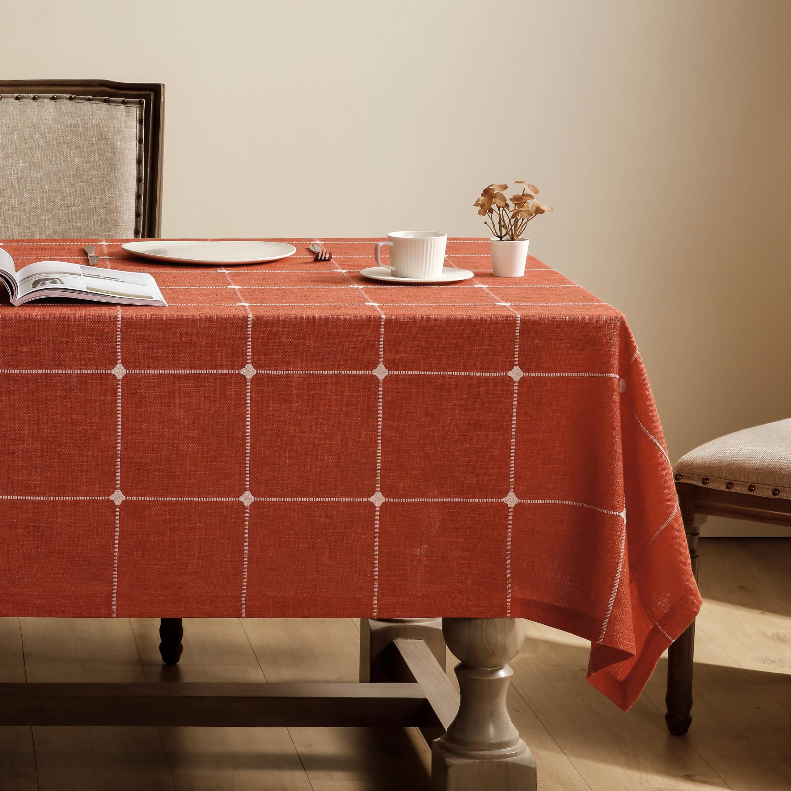 Orange Farmhouse Style Embroidered Fall Tablecloth 60x104 Inch