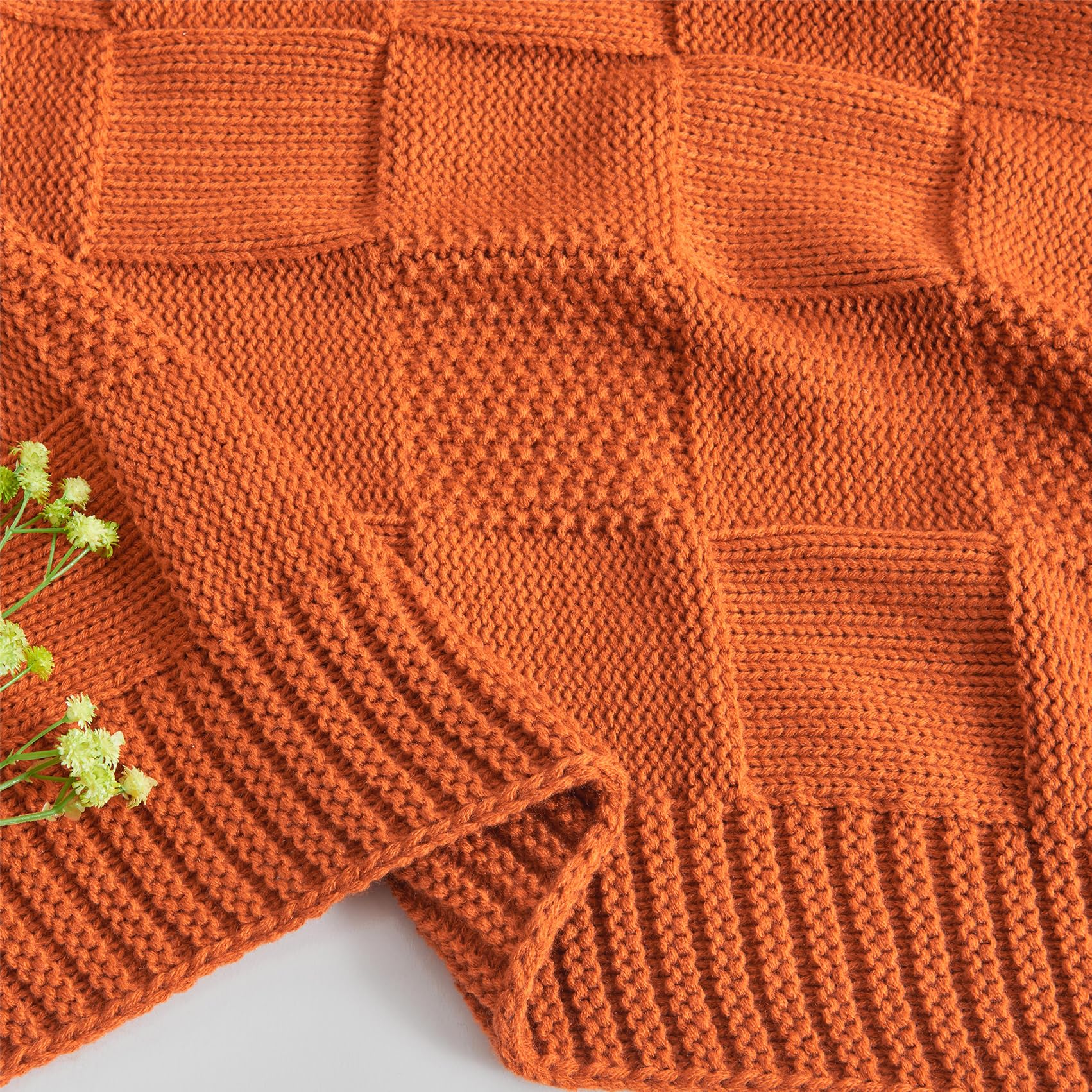 Rust Orange Knitted Fall Throw Blanket with Checkered Pattern