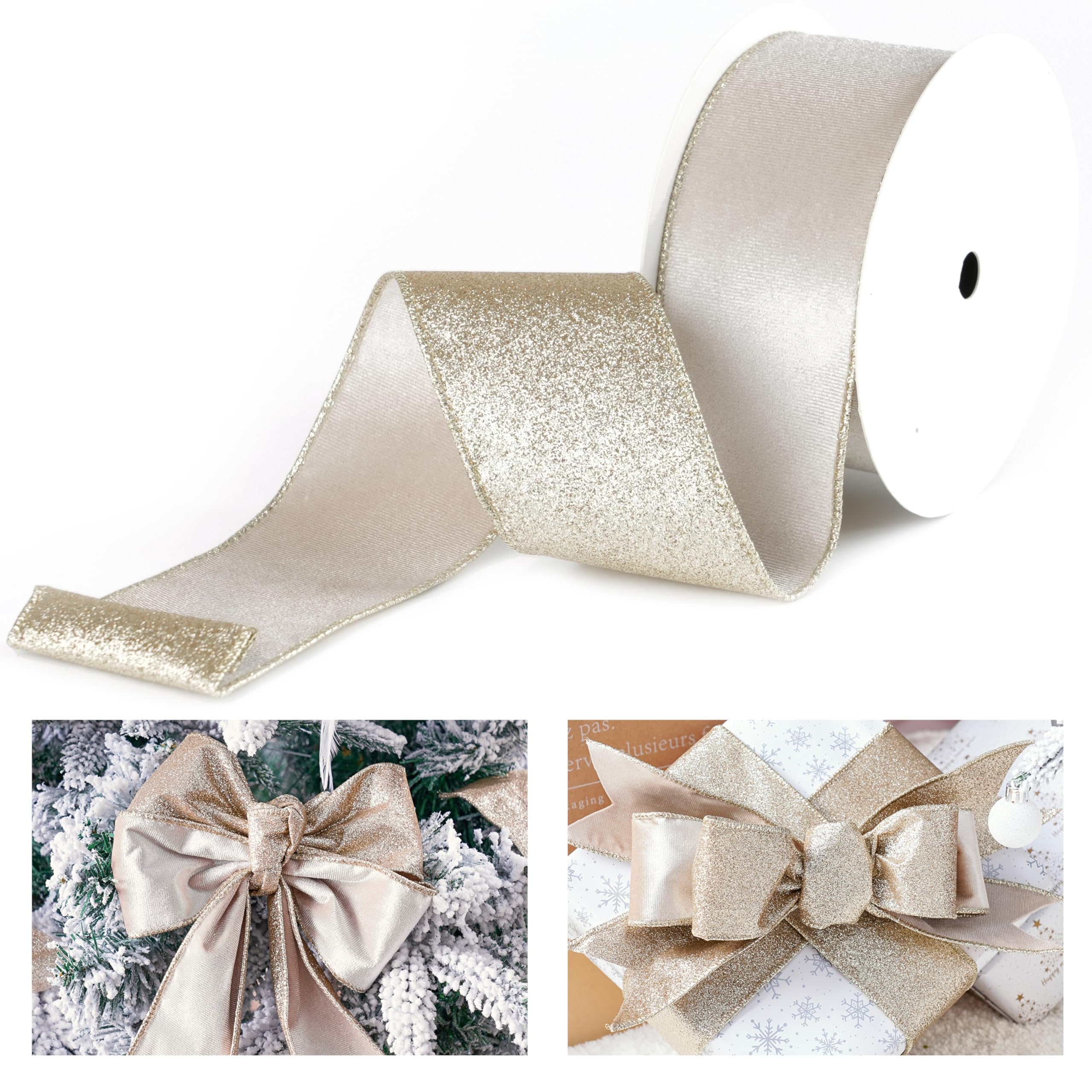 2.5" Champagne Velvet Wired Ribbon with Glitter Back (10 Yards)