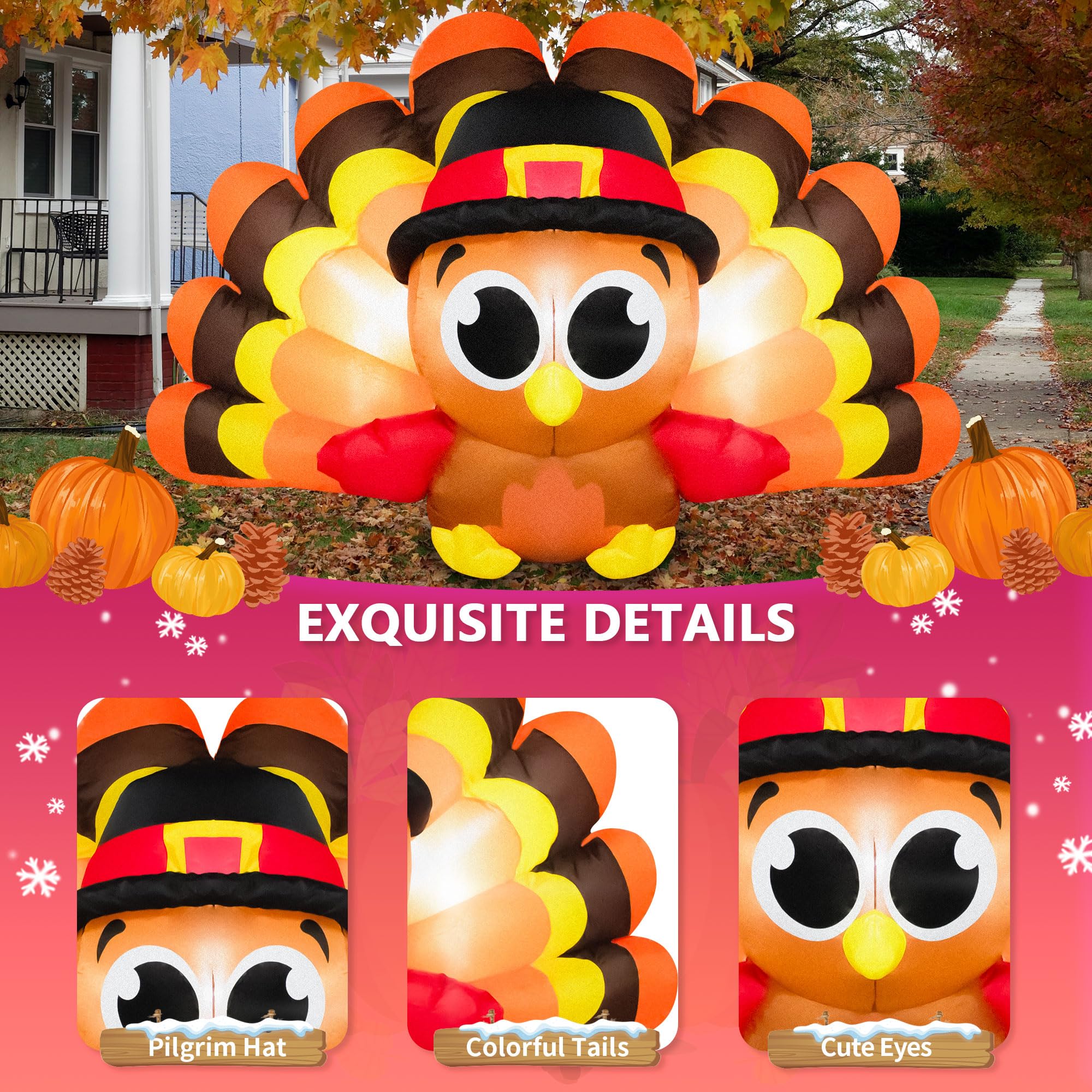 8 FT Thanksgiving Inflatables Turkey Baby with Big Tail & Pilgrim Hat