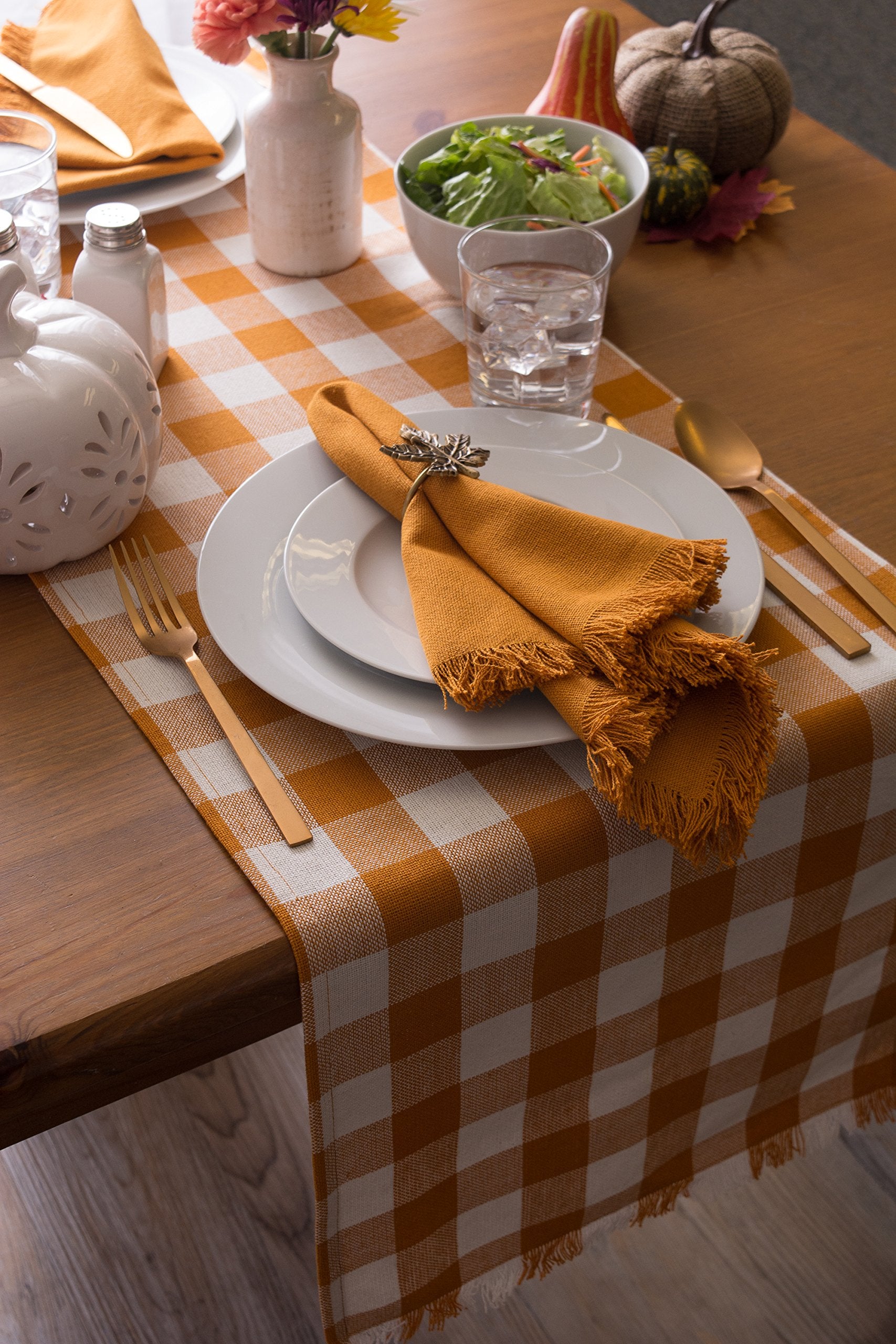 Heavyweight Fringed Check Tabletop Table Runner, 14x108, Pumpkin Spice