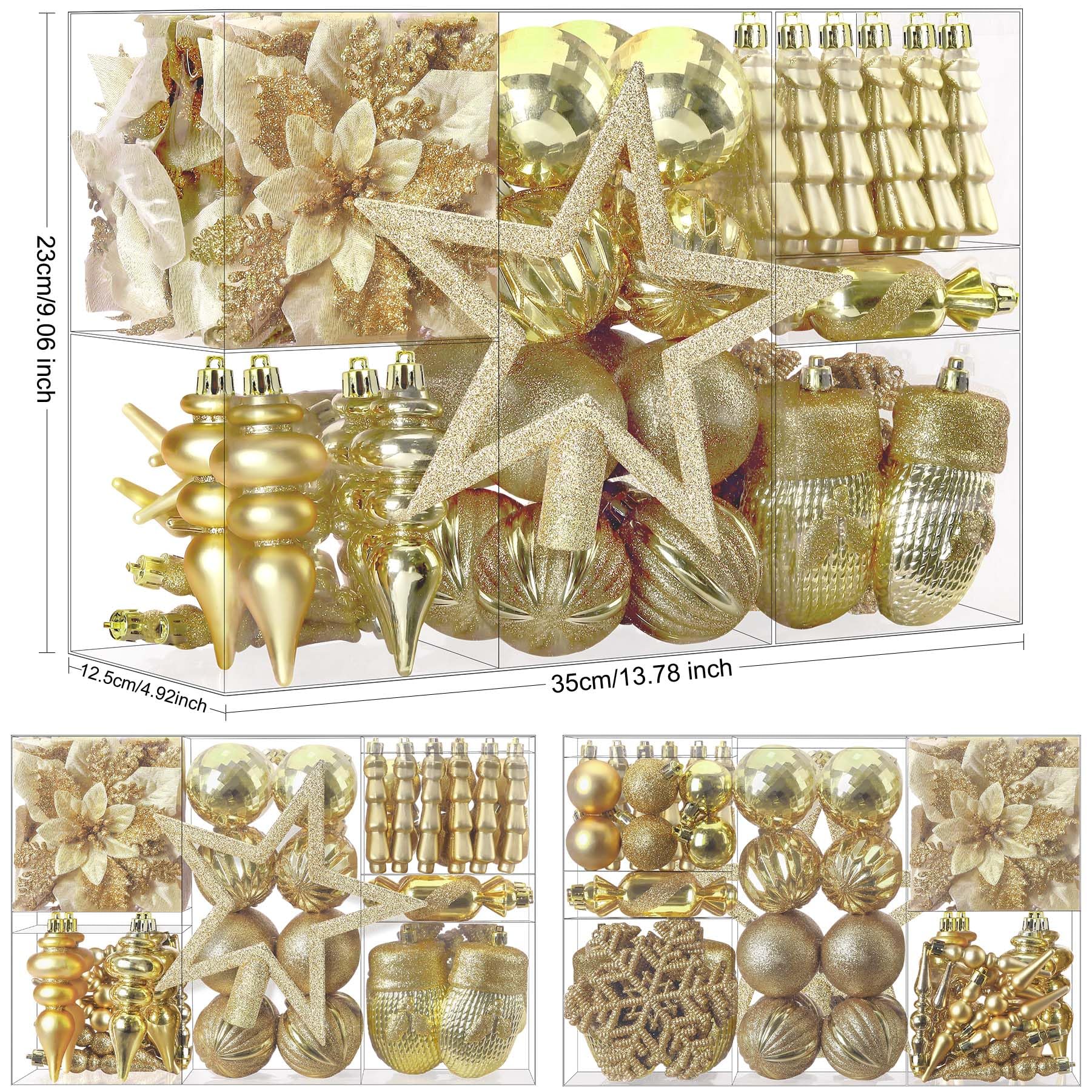 80pcs Gold Christmas Ornaments Set Package Dimensions