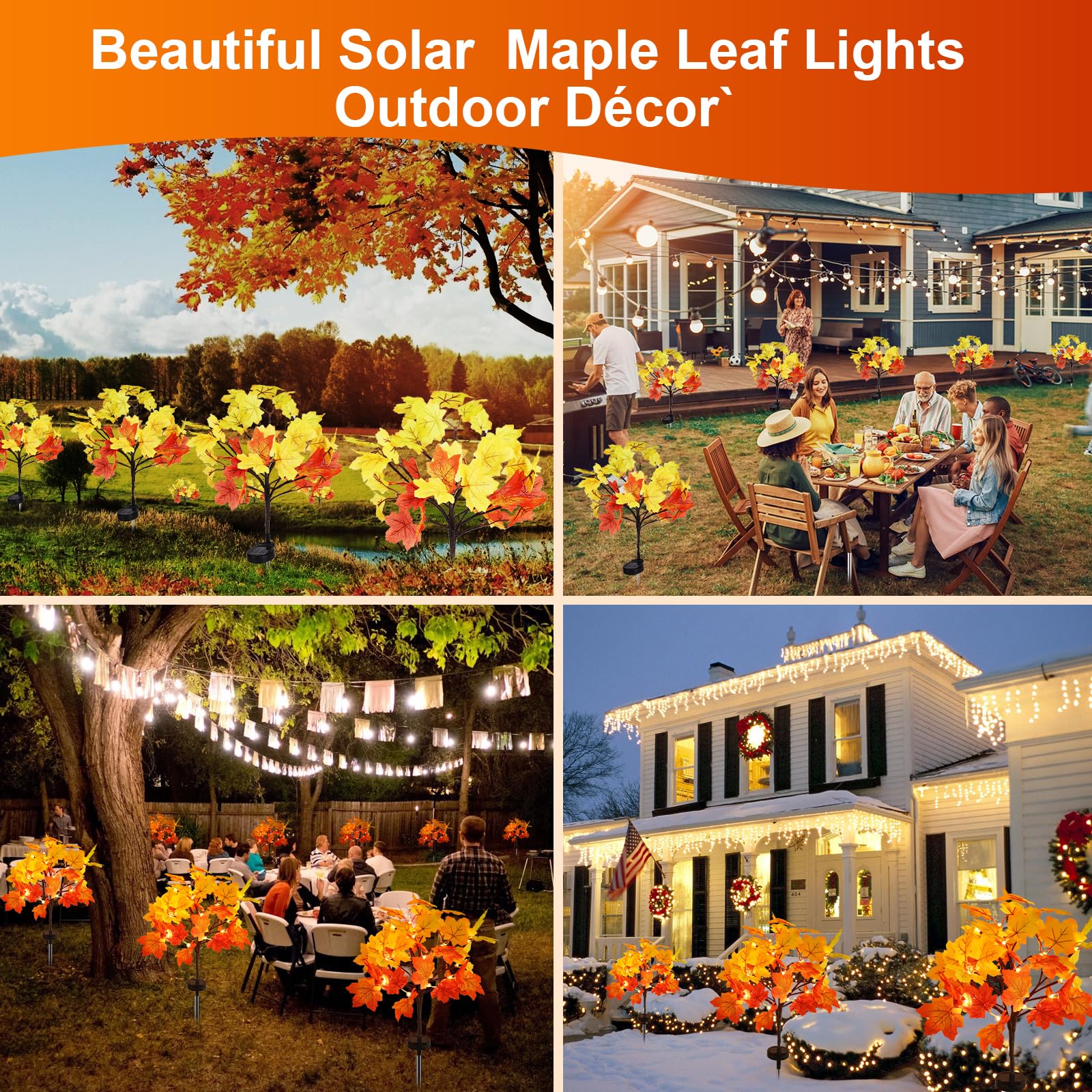 Collage of outdoor scenes with solar maple leaf lights, including a garden, patio, and house exterior.