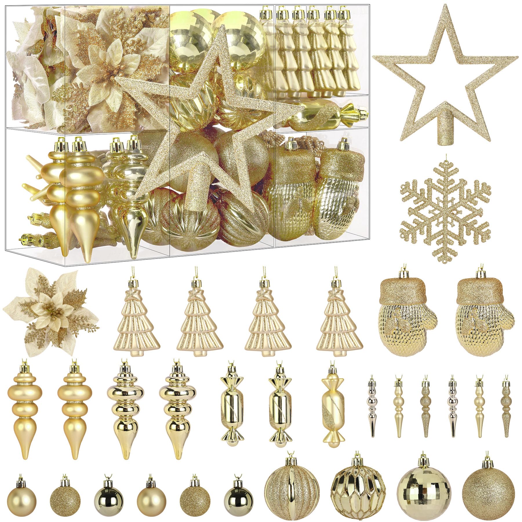 80pcs Gold Christmas Ornaments Set with Lanyards Included