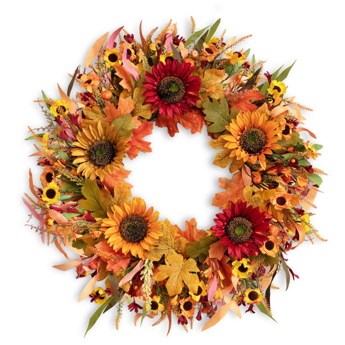 24” Fall Wreath with Sunflowers, Leaves, Berries and Pumpkins