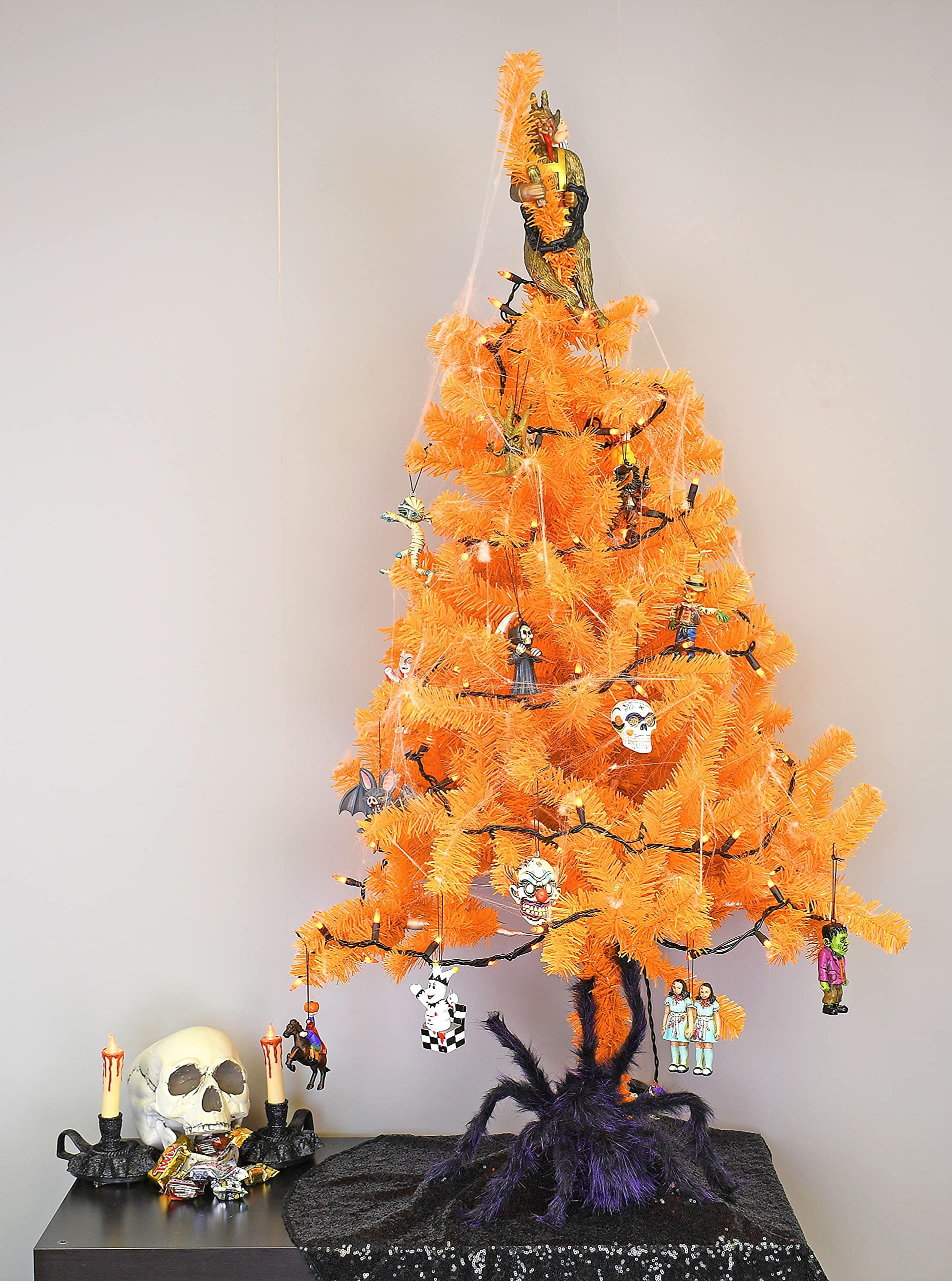 4 foot orange Halloween tree with decorations