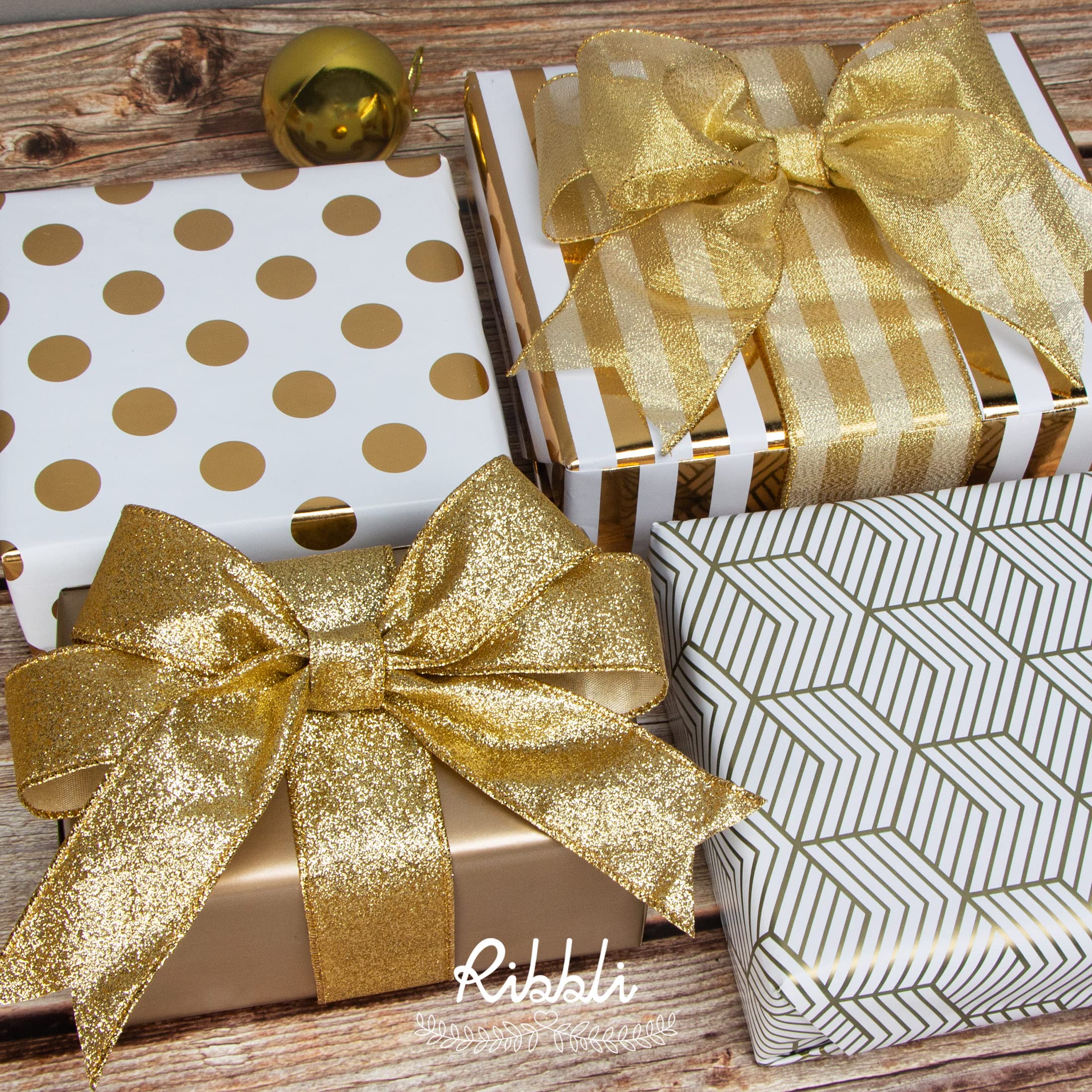 Gold glitter wired ribbon for Christmas gifts