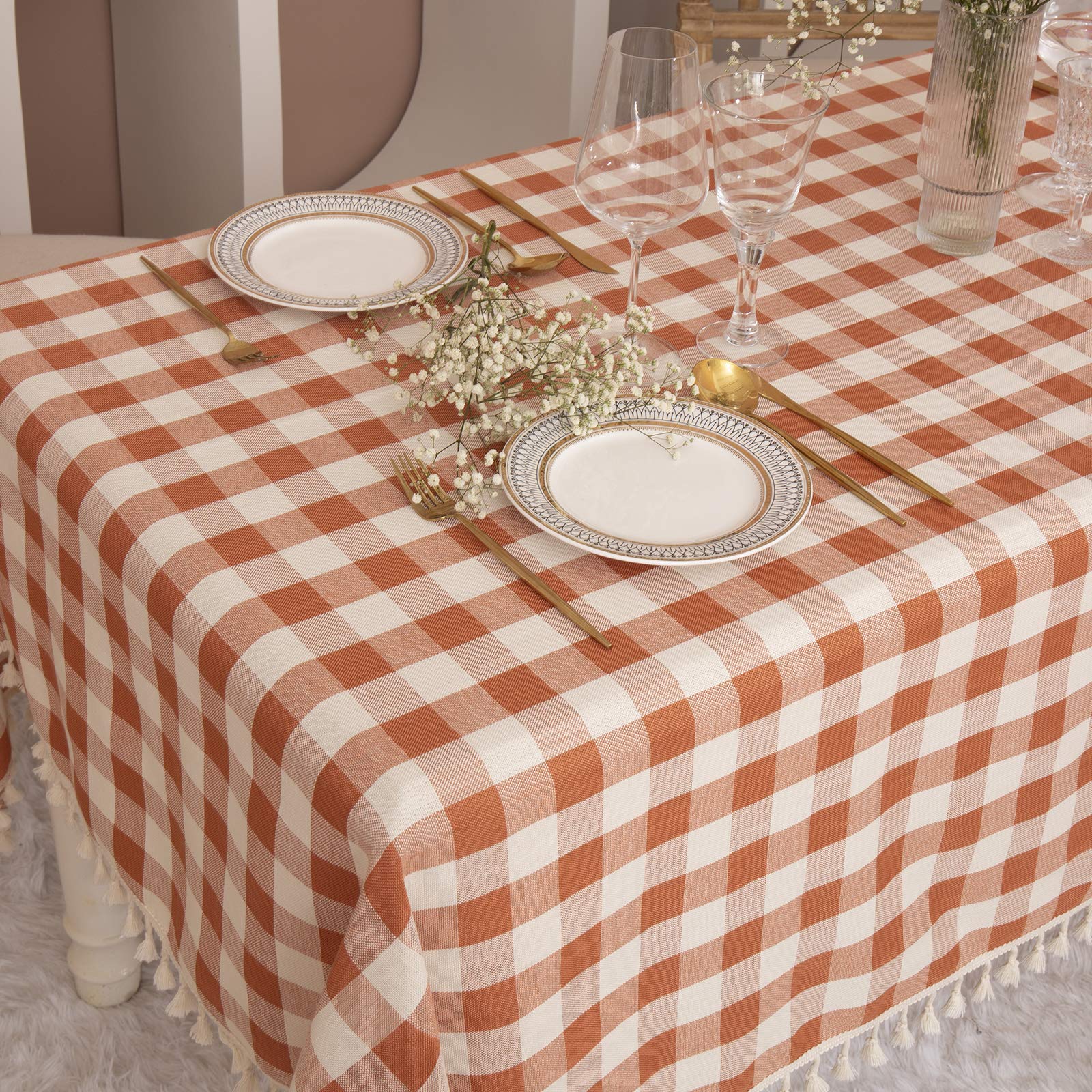 Orange checkered plaid table cloth