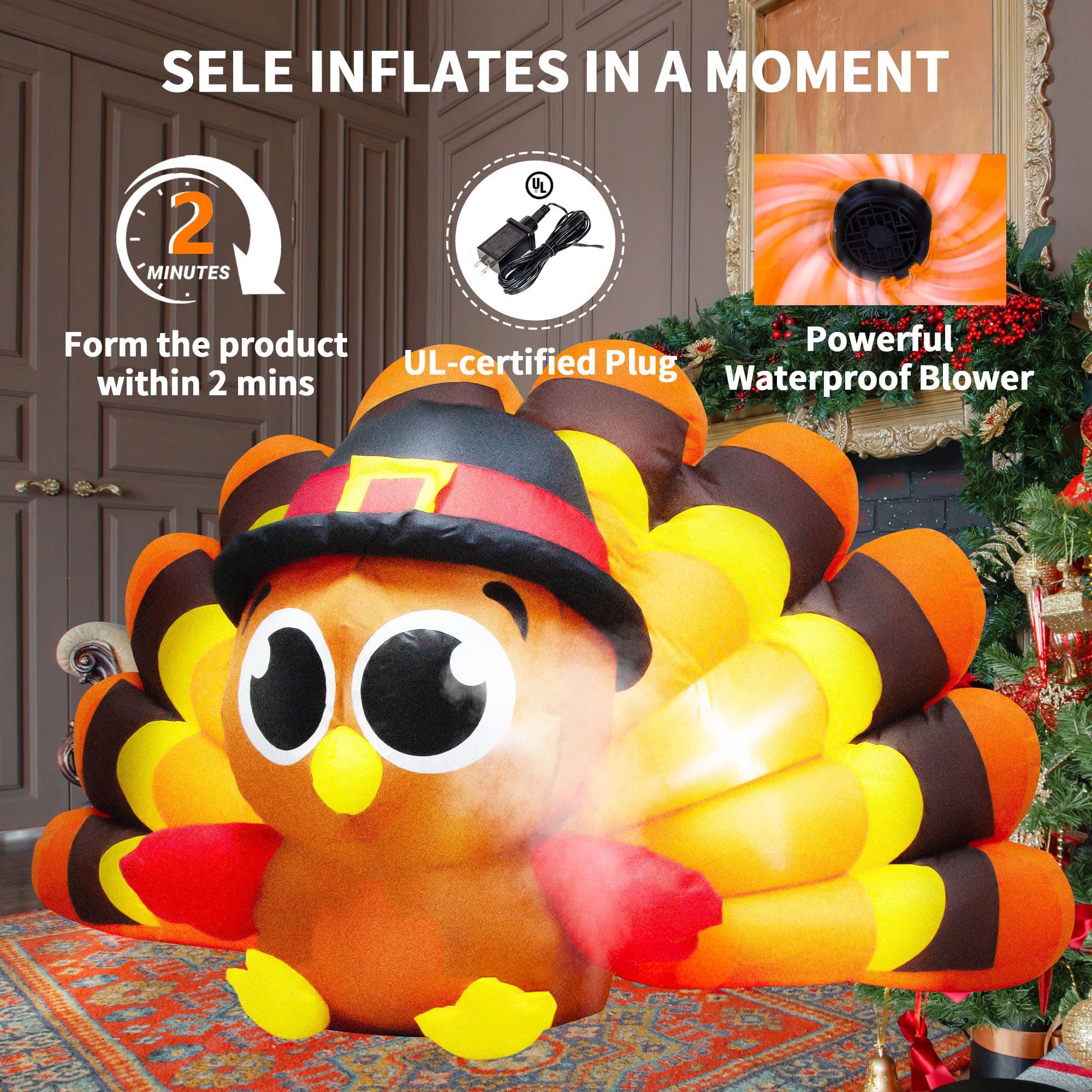 8 FT Thanksgiving Inflatables Turkey Baby with Big Tail & Pilgrim Hat