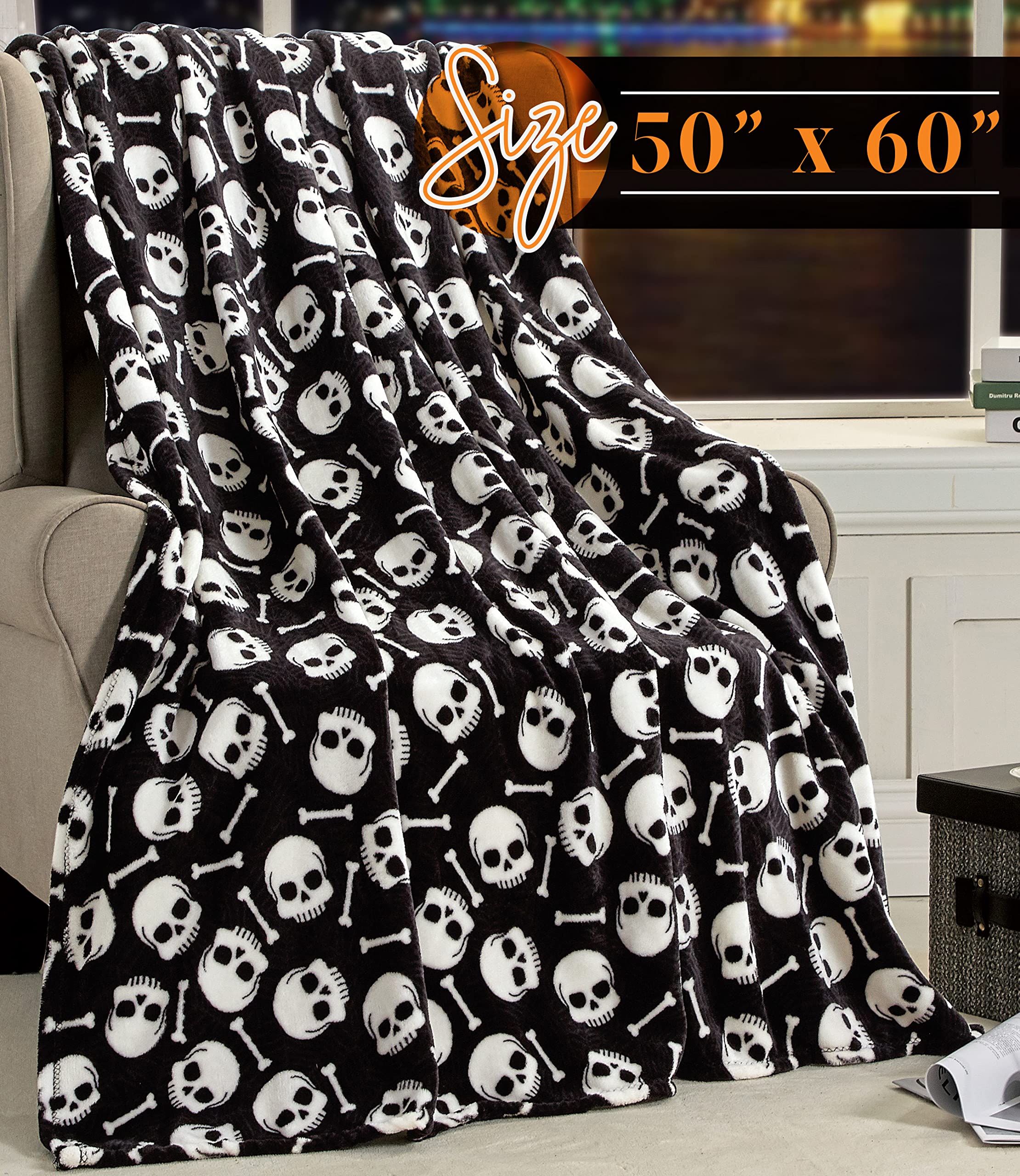 Halloween Themed Skull and Bones Pattern Throw Blanket