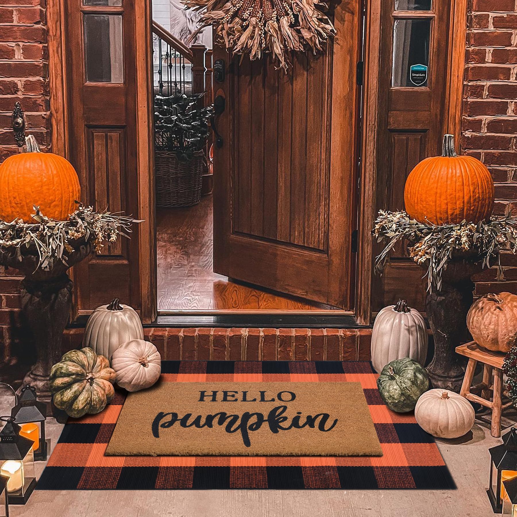 Fall Decor Doormat Combo Set, 100% Coco Coir Welcome Mat + 28 x 43 Inches Orange and Black Plaid Rug