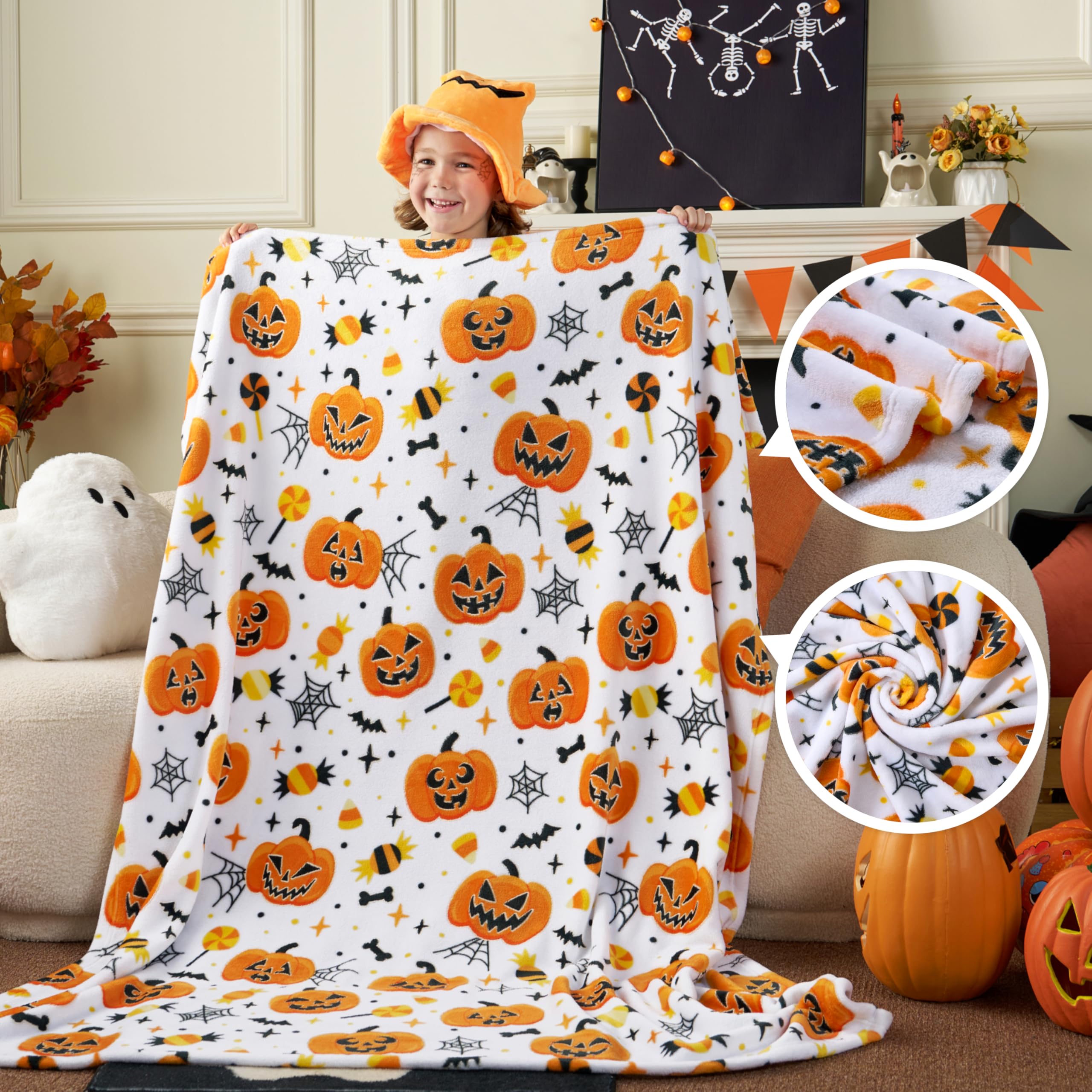 Glow in The Dark Halloween Pumpkin Soft Flannel Fleece Throw Blanket