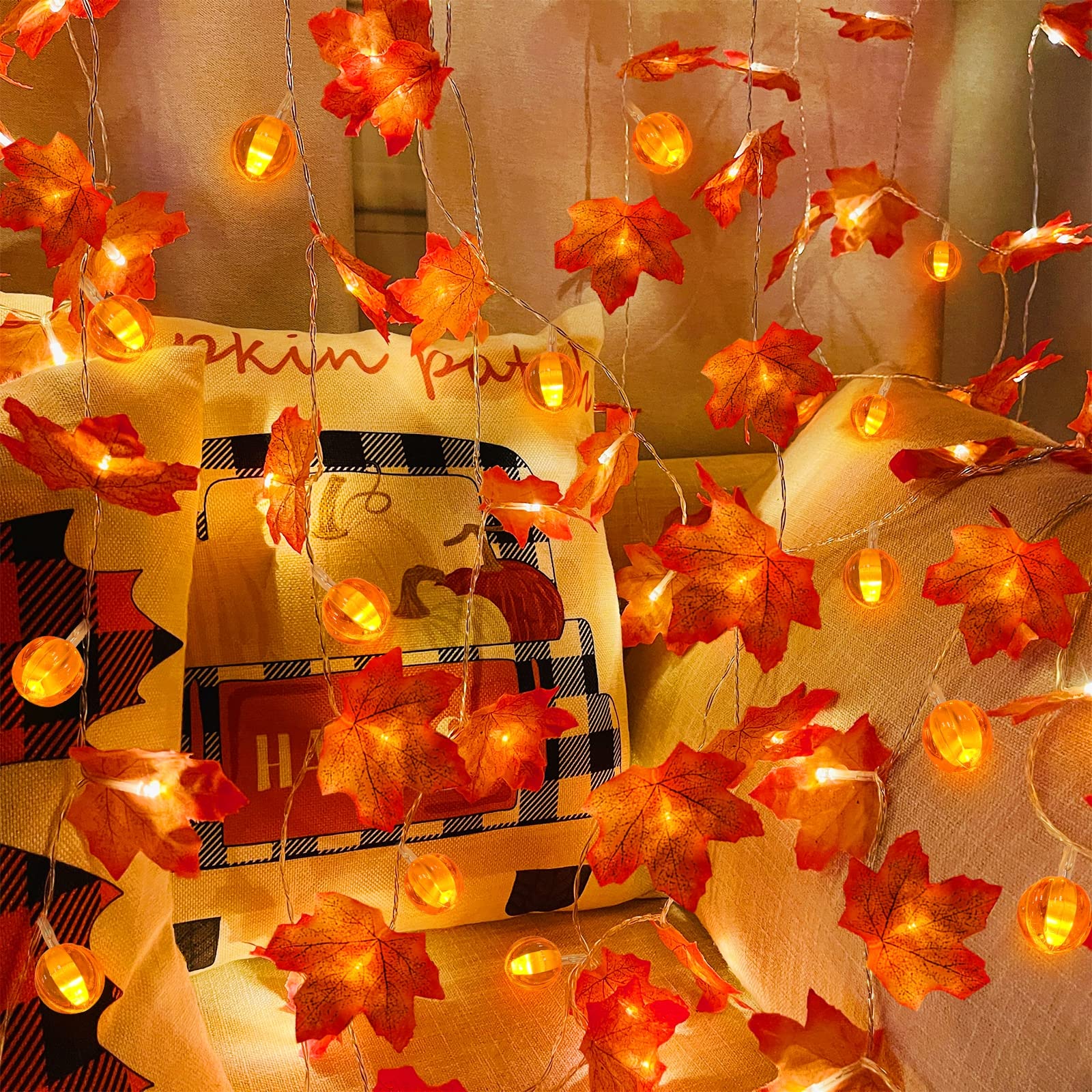 3 Pack Fall Garland with Pumpkin Lights & Enlarged Maple Fall String Lights