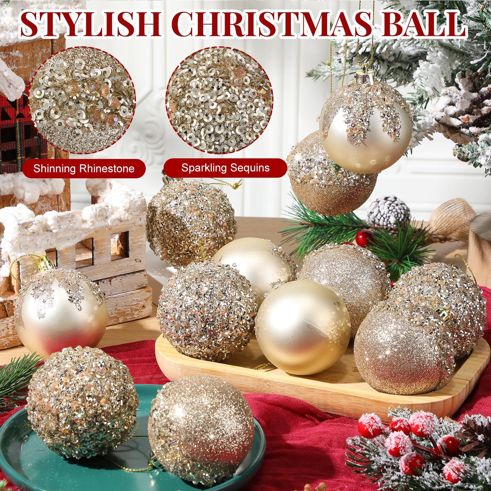 12 Pieces Glitter Christmas Ball Ornaments (Champagne Gold, 2.36 Inch)