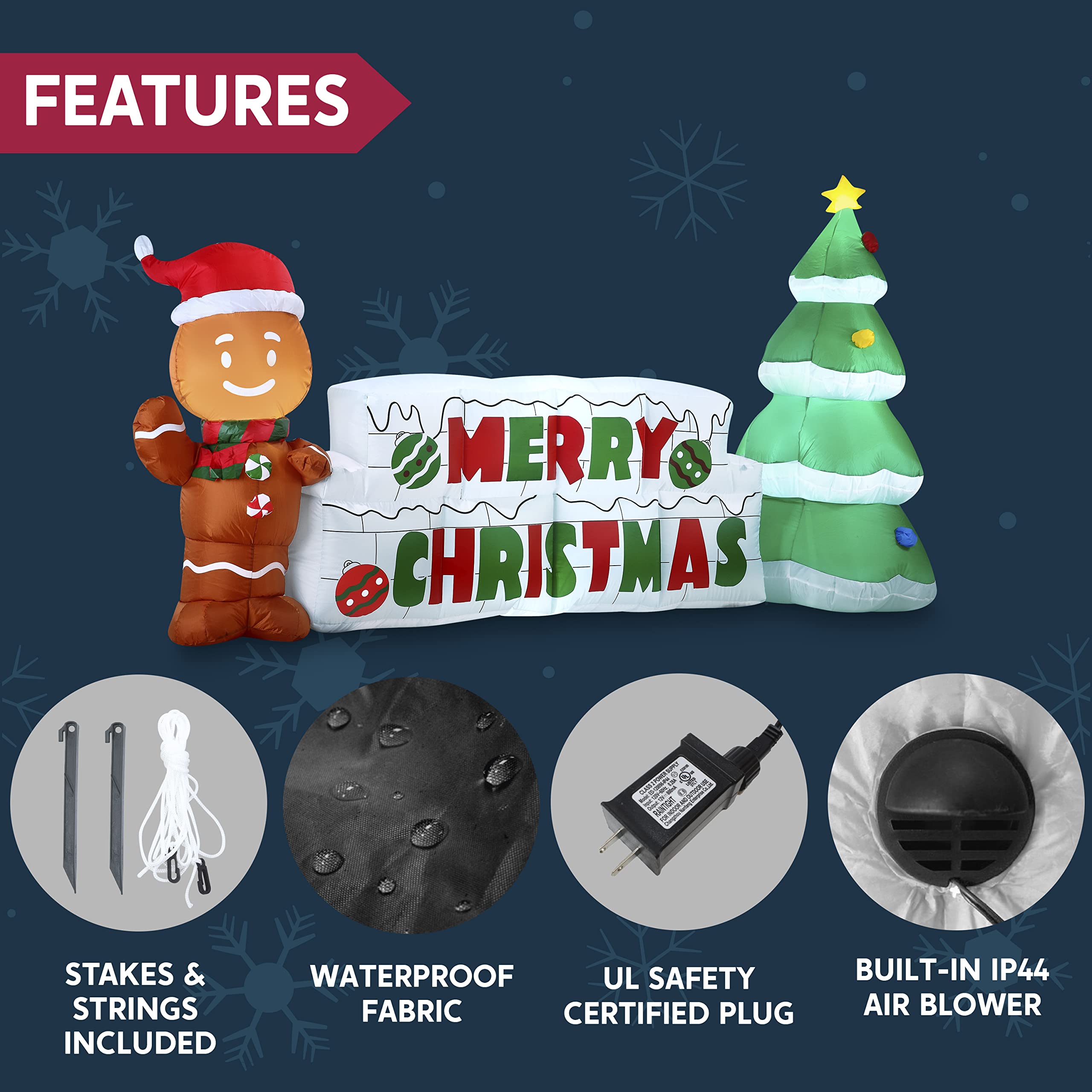 Merry Christmas inflatable includes stakes and strings, waterproof fabric, plug and air blower