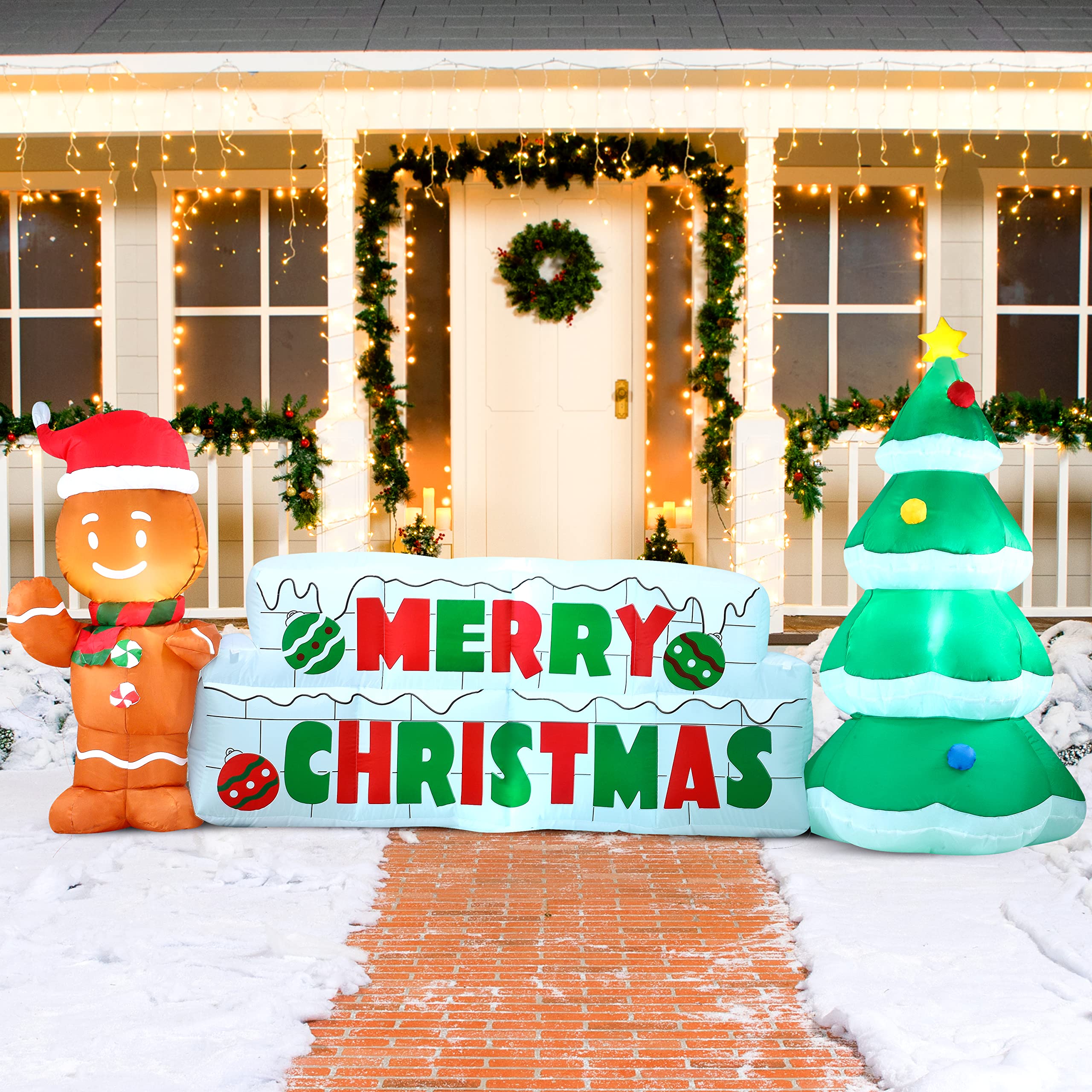 Merry Christmas Inflatable Sign with gingerbread man and Christmas tree